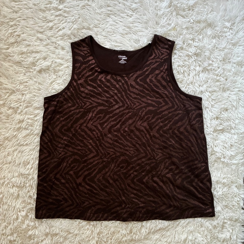 Y2K Liz & Me Sport Brown Metallic Zebra Print Sleeveless Tank Top 2X 100% Cotton